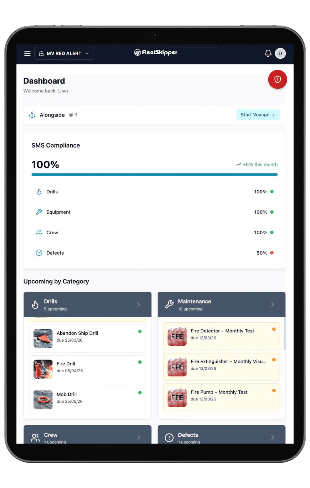 FleetSkipper Dashboard showing SMS compliance tracking on tablet