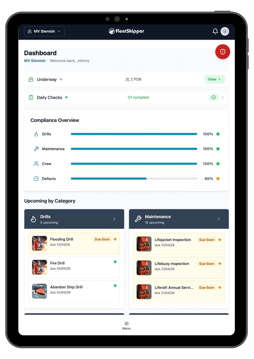 FleetSkipper app on iPad showing active voyage screen