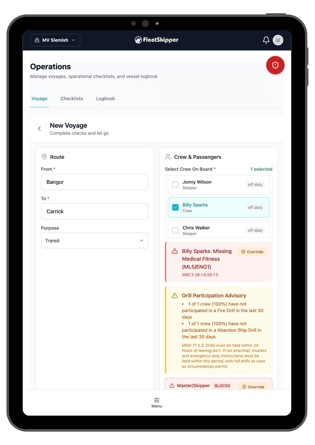 FleetSkipper crew compliance gate on iPad