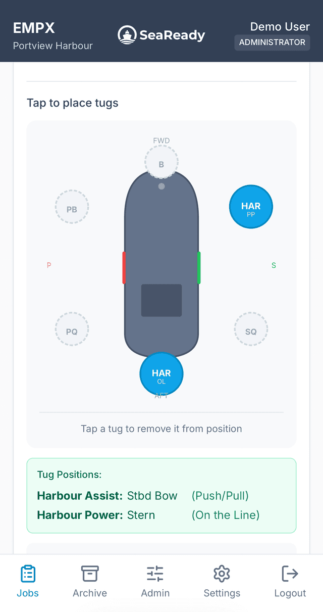 eMPX Towage configuration interface with tug assignments