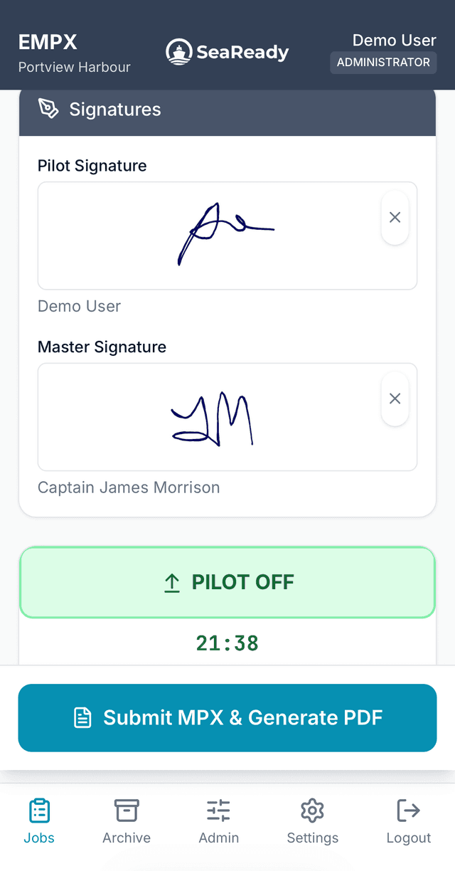 eMPX Digital signature capture for pilot and master confirmation