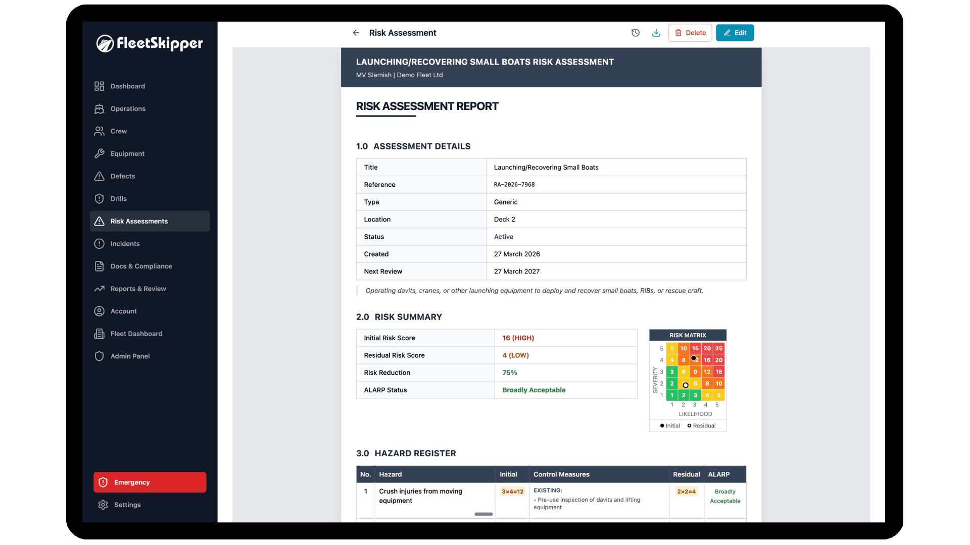 FleetSkipper risk assessment with ALARP matrix
