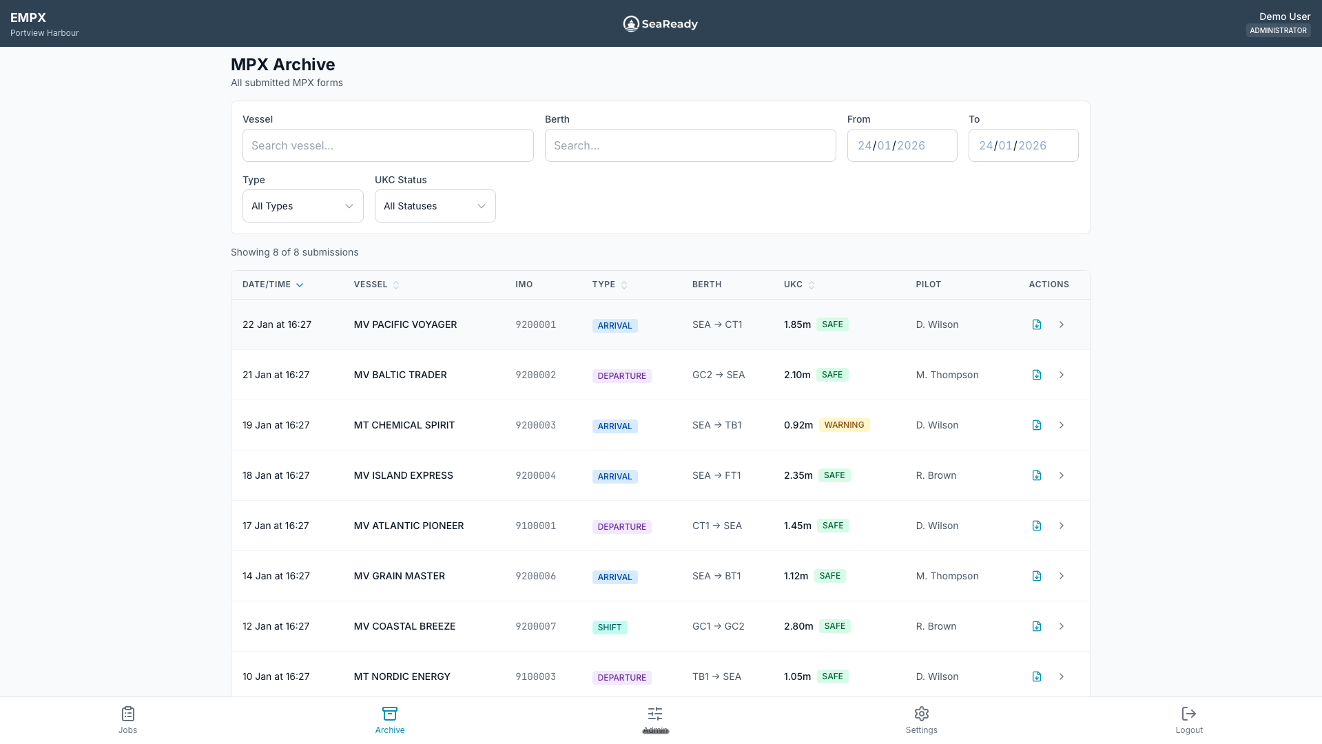 SeaReady eMPX interface showing vessel details and digital signatures